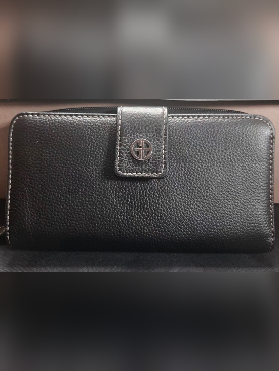Giani Bernini Handbags - Giani Bernini Black Genuine Leather Zip-Around Wallet With Silver-Tone Logo